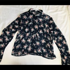 Navy blue floral long sleeve sheer blouse💙